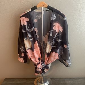 Women's Kimono Cover Up Top Lightweight Summer Cardigan Floral Black Sz Small